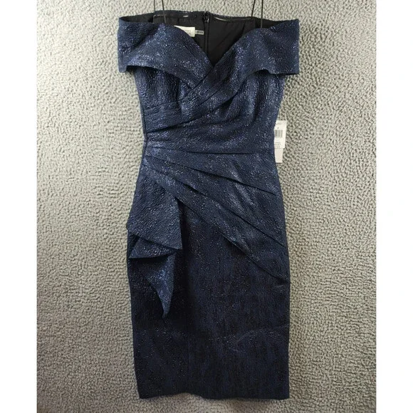 Teri Jon by Rickie Freeman Off-the-Shoulder Metallic Jacquard Dress Women's 2 - Picture 2 of 14